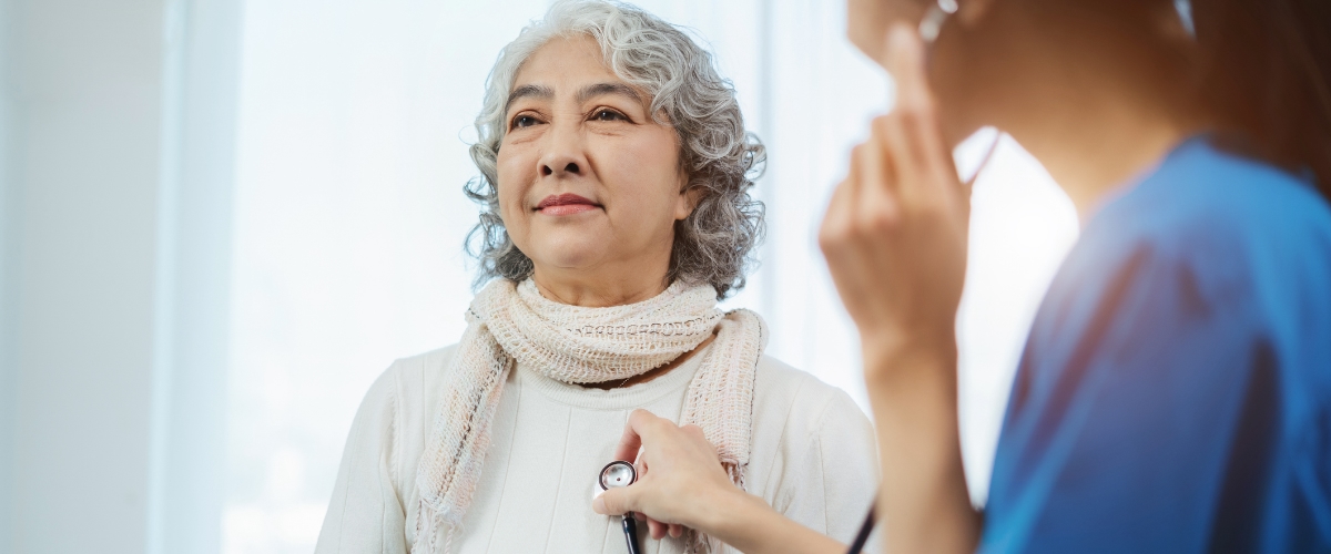 May 6 blog Older woman getting heart checked at wellness visit.